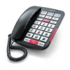 Angled view of black big button landline telephone.
