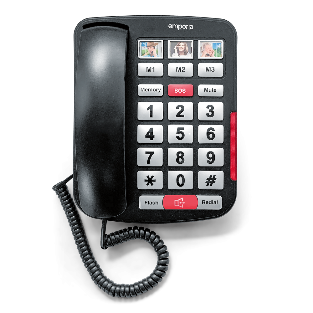 Overhead view of black big button landline telephone.
