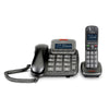 Corded and cordless landline phone set against a white background.
