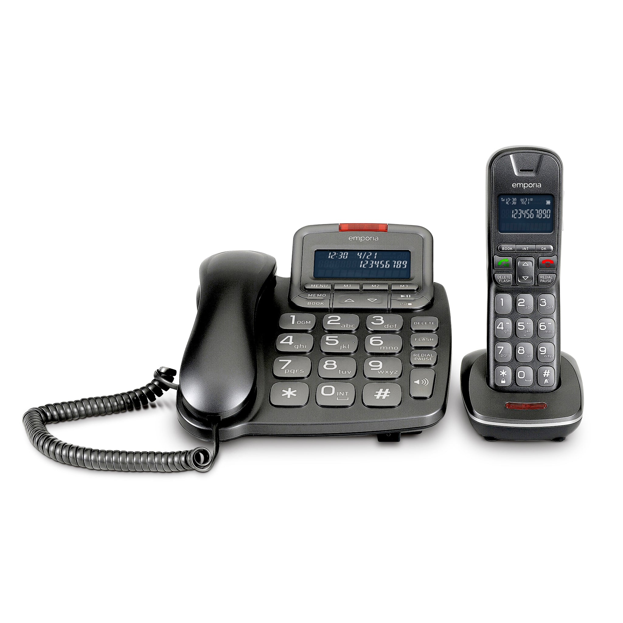 Corded and cordless landline phone set against a white background.