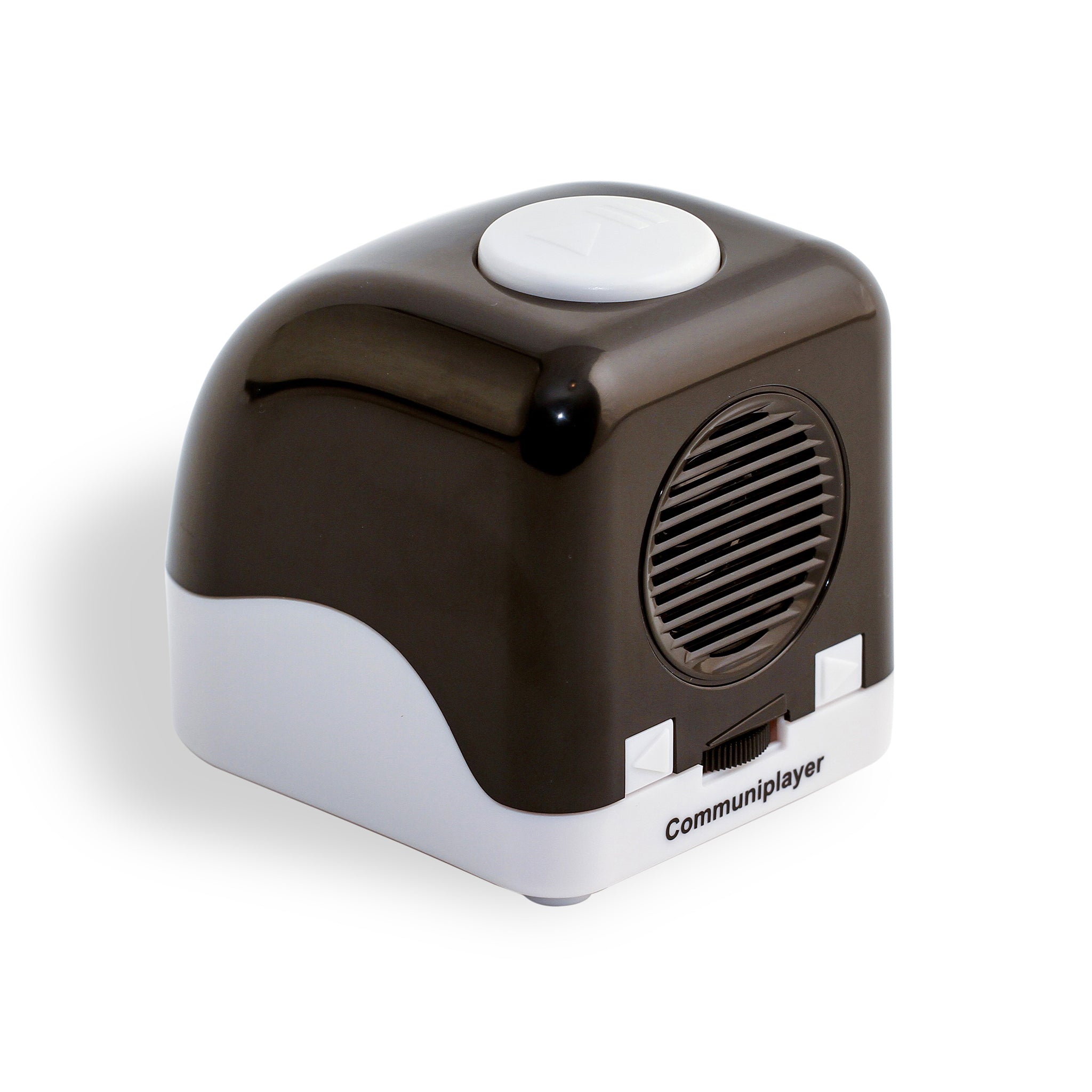RNIB Communiplayer viewed at a front angle showing the top white button contrasting against the black and white casing. Also shown are the speaker gill and controls.