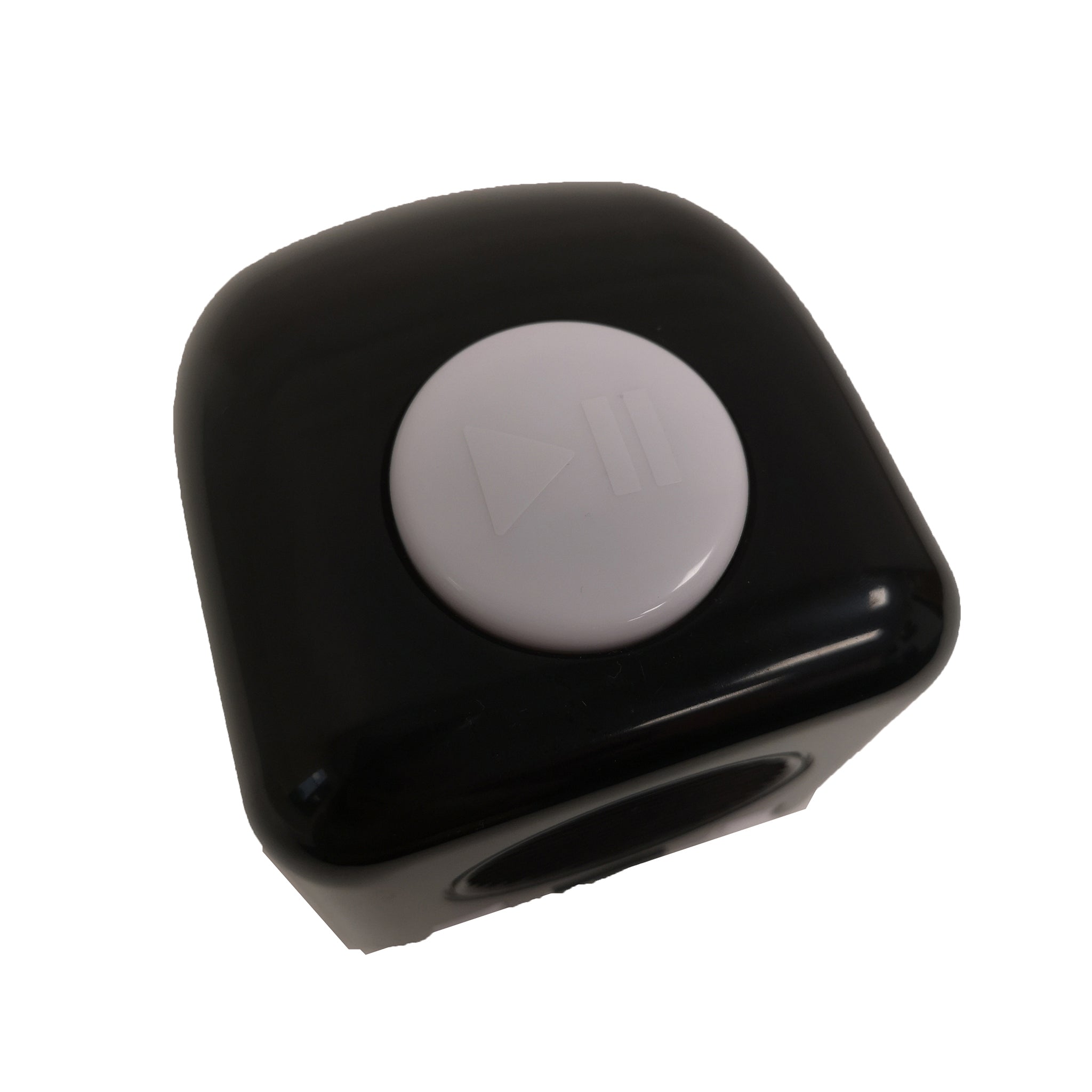 RNIB Communiplayer viewed from the top with the large white button contrasting against the black casing.