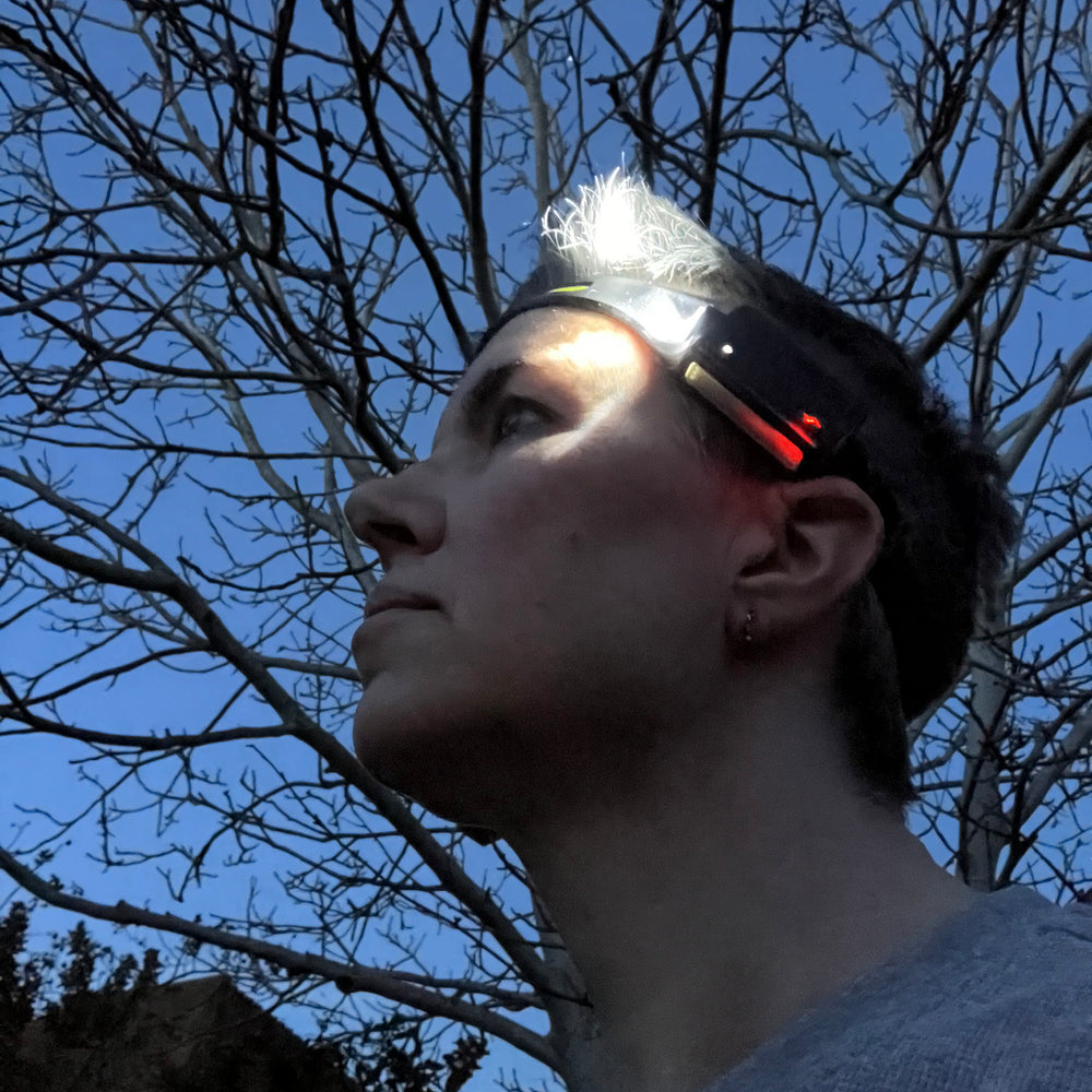 Side view of a person wearing the head torch in the dusk under a winterbare tree. The focus beam is lit and the small red power light is also lit