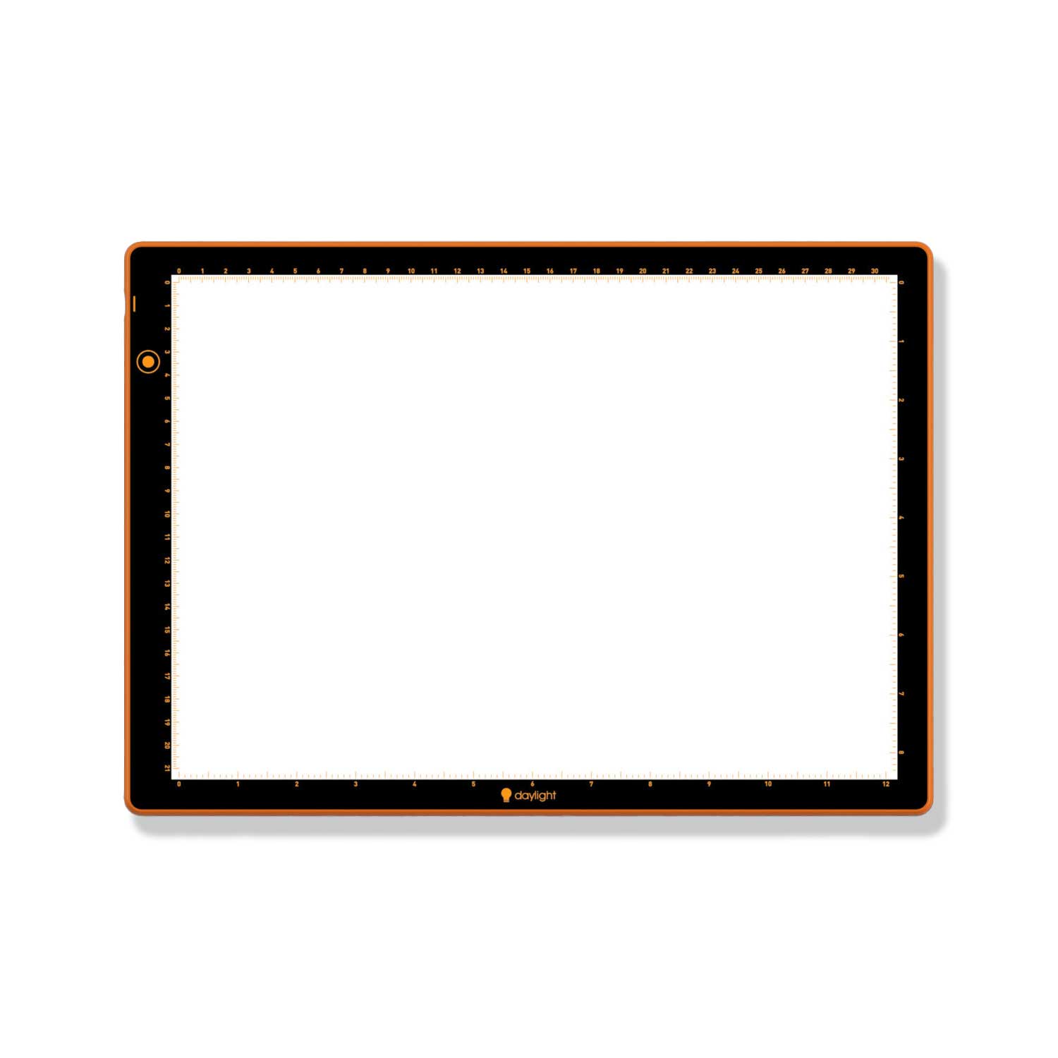 A rectangular light with black surround and orange trim, shown flat against a white background.