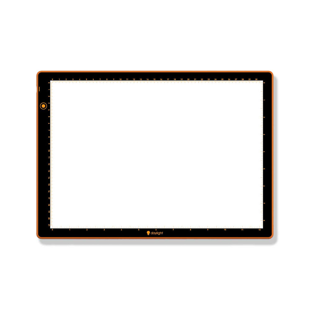 A rectangular light with black surround and orange trim, shown flat against a white background.