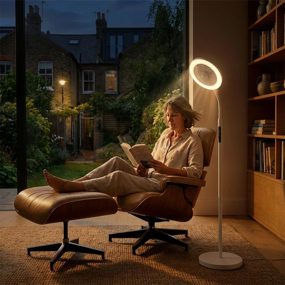 A woman relaxes in a brown leather lounge chair with an ottoman beside a glowing white floor lamp in a cozy room. Large windows behind her show a nighttime garden view, and a bookshelf stands to the right.