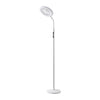 A modern white floor lamp with a circular head and integrated fan, flexible neck, and round base, shown against a plain white background.