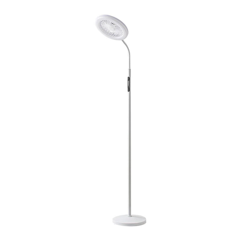 A modern white floor lamp with a circular head and integrated fan, flexible neck, and round base, shown against a plain white background.