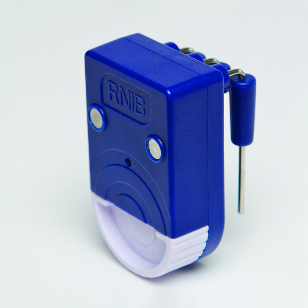 Angled view of blue and white liquid level indicator