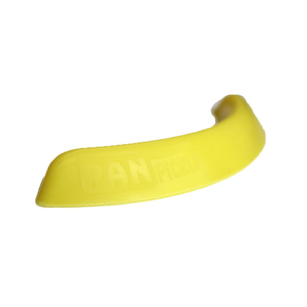 A yellow pan pickle on a white background