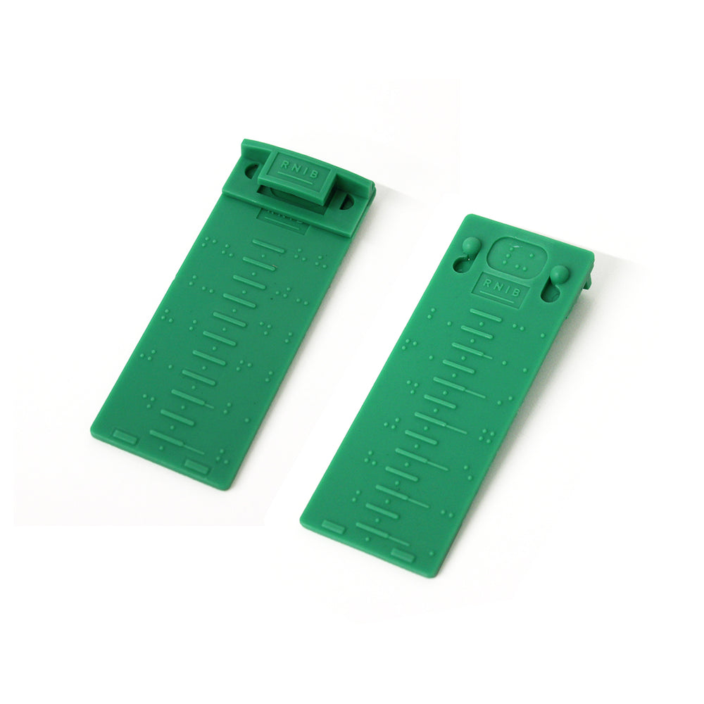 Tactile measuring gauge showing clip and fluid ounce measurements on one side and milliliter measurements on the other side.