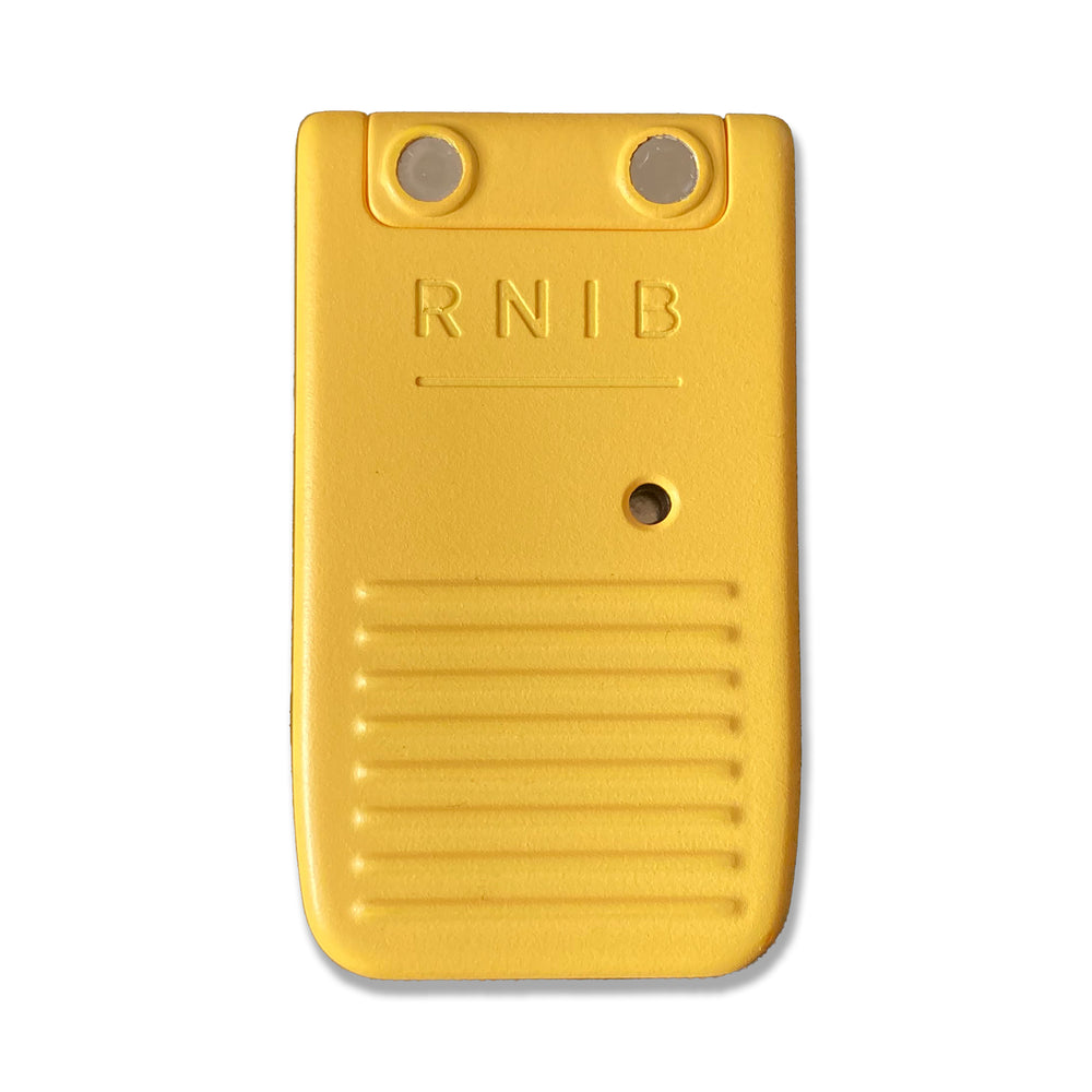 Front view of the RNIB Liquid Level Indicator against a white background. The back show two magnets that can be used to attach to a fridge and the RNIB logo.