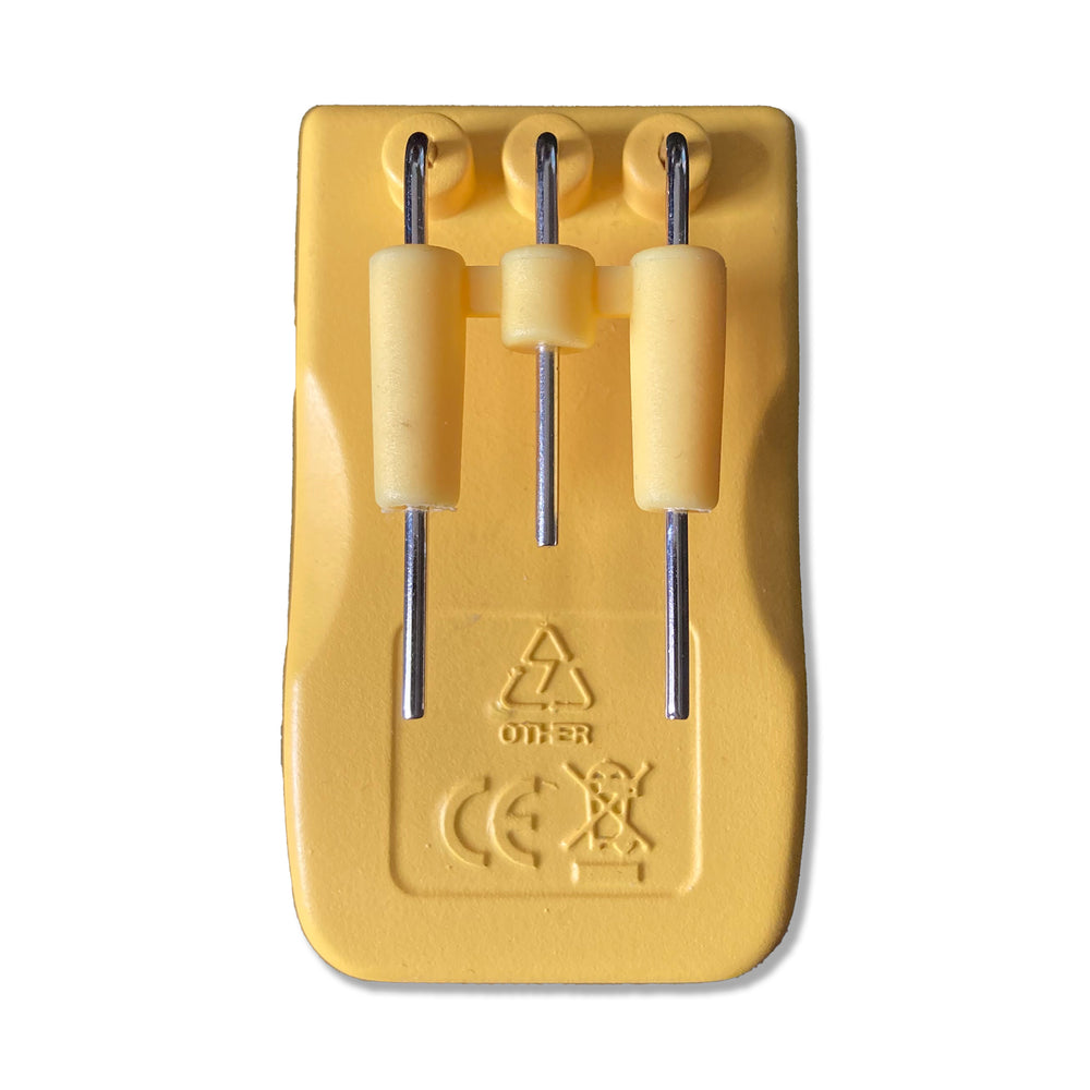 Rear view of the RNIB Liquid Level Indicator showing the metal measuring prongs against a white background.