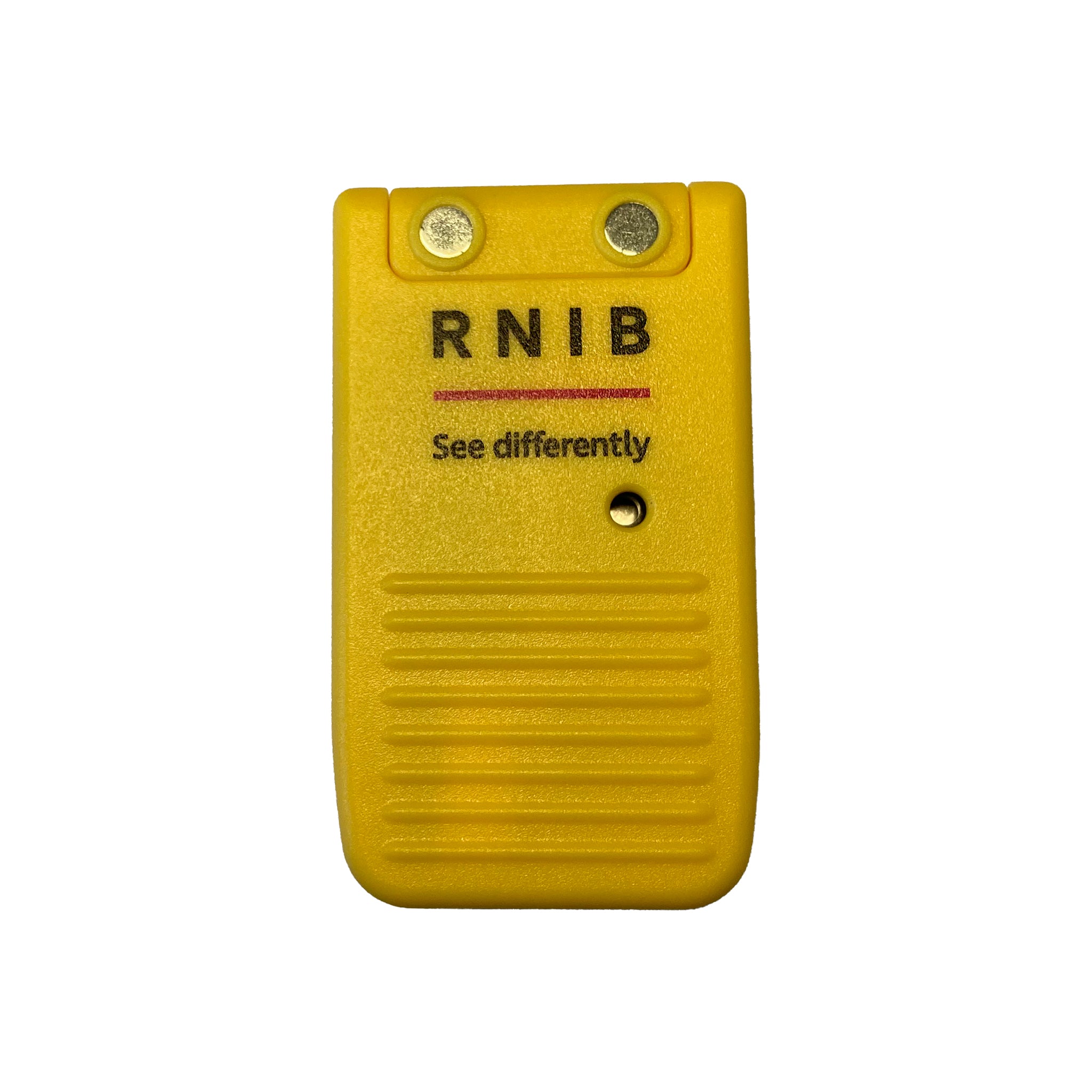 Front view of the RNIB Liquid Level Indicator against a white background. Near the top are two magnets that can be used to attach to a fridge and below isthe RNIB logo.