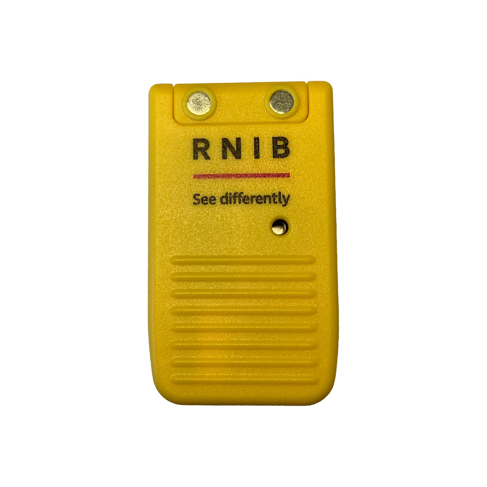 Front view of the RNIB Liquid Level Indicator against a white background. Near the top are two magnets that can be used to attach to a fridge and below isthe RNIB logo.