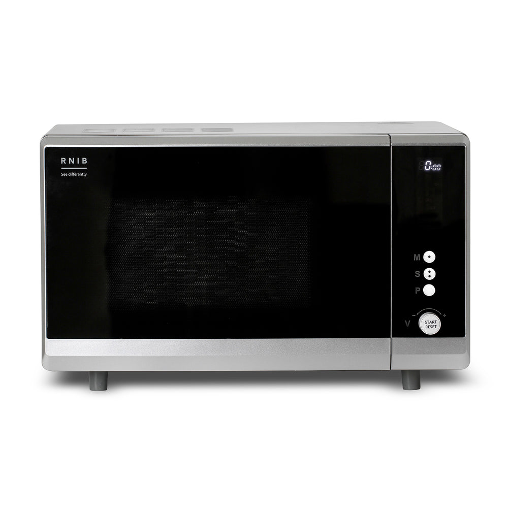Front view of RNIB talking microwave showing door, timer and control knobs.