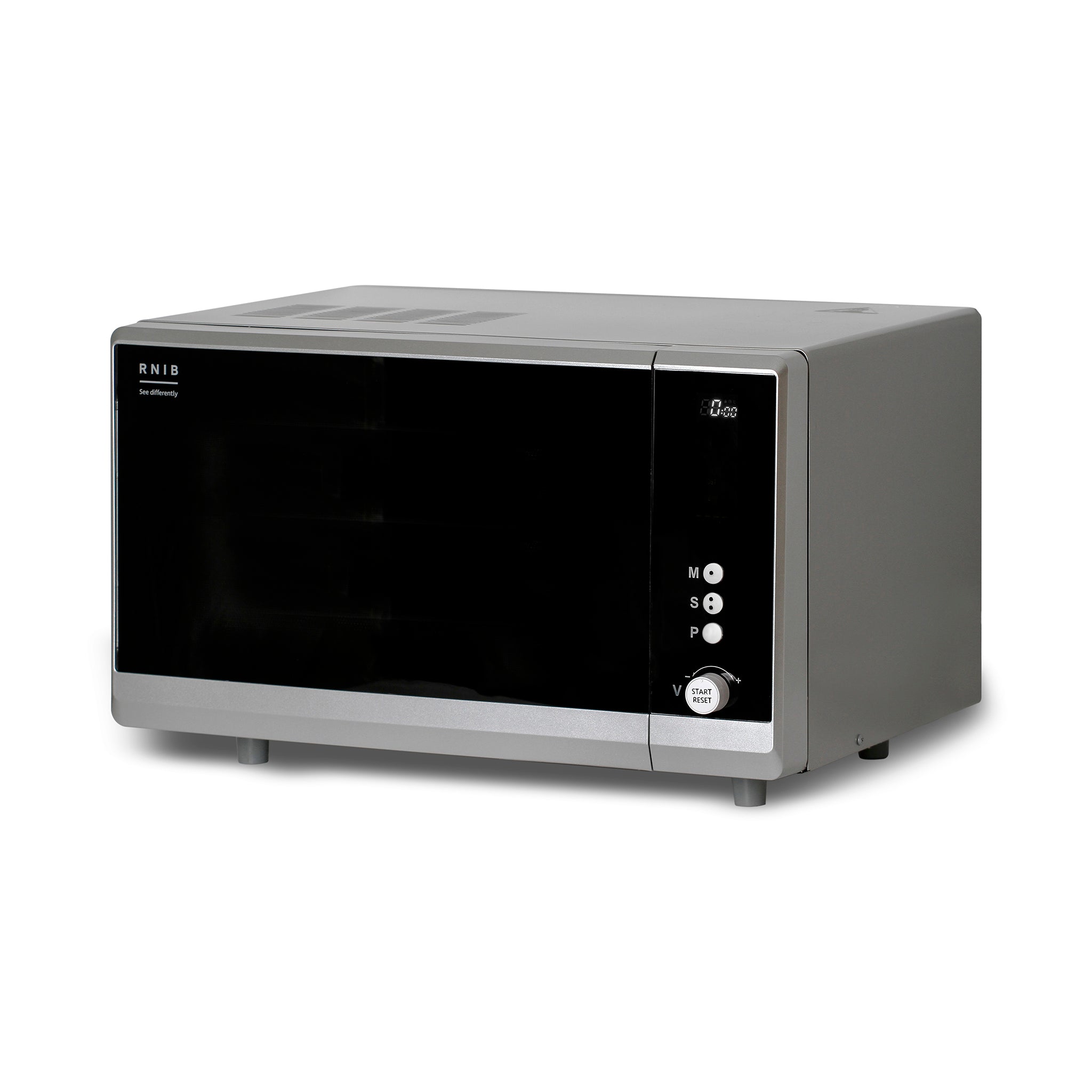 Font angled view of the RNIB talking microwave showing controls, top and side.