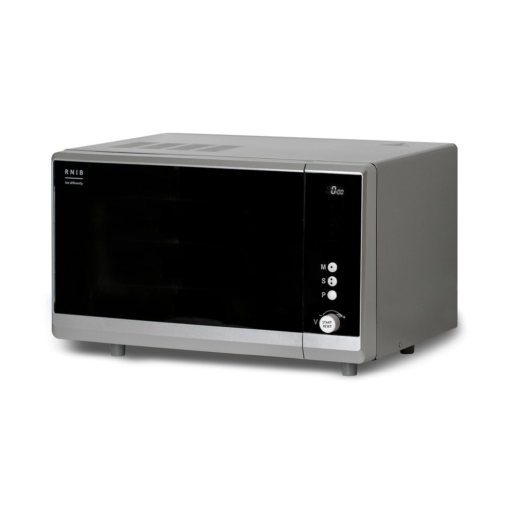 Font angled view of the RNIB talking microwave showing controls, top and side.