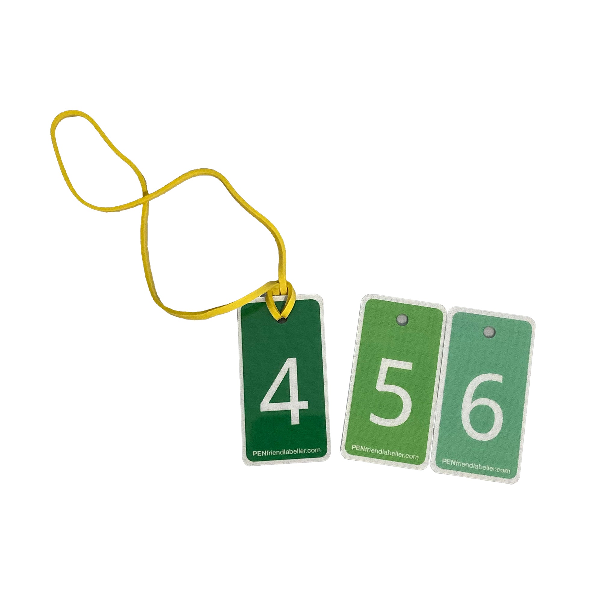 Three fobs in varying shades of green, one with a large yellow rubber threaded through ready for use.