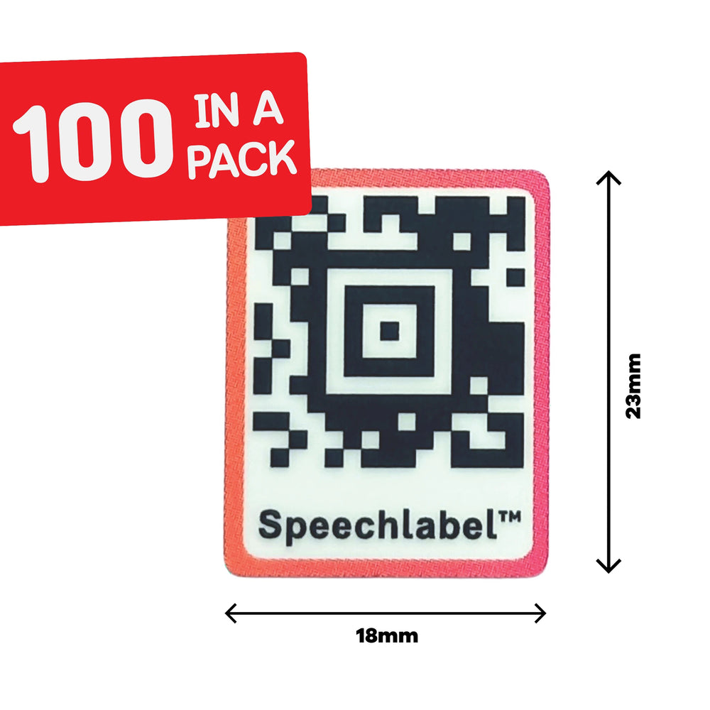 Speechlabel QR code sticker with dimensions(18mm by 23mm) and quantity (100) information on a white background