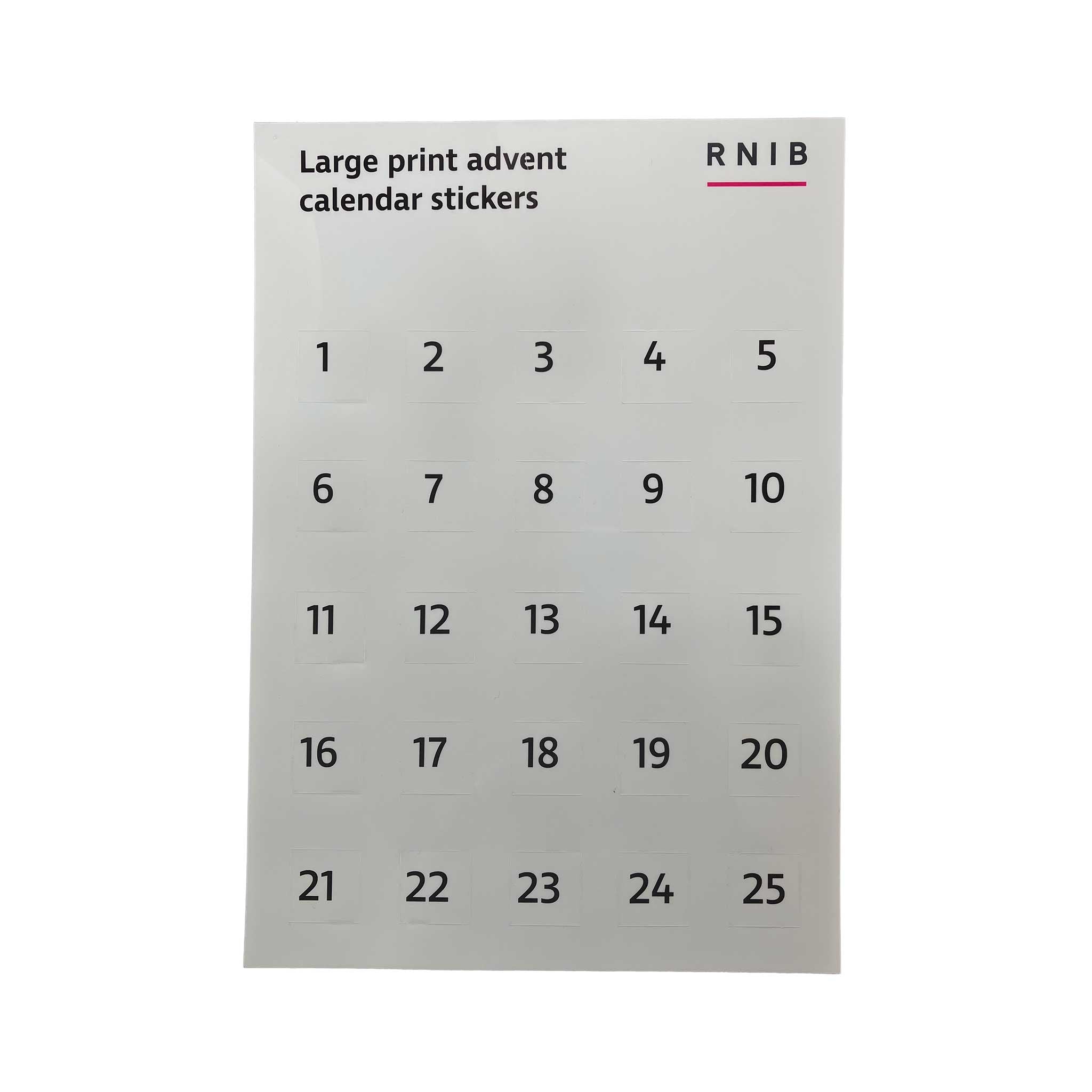 A sheet of large print Advent calendar stickers with numbers 1 through 25 and the text 'Large print advent calendar stickers' and 'RNIB' at the top, shown on a plain white background.