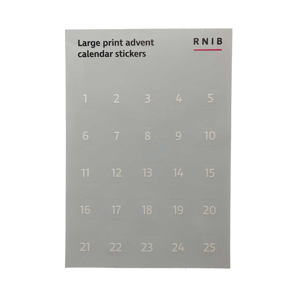 A sheet of large print advent calendar stickers with numbers 1 to 25, shown on a plain white background. The brand name 'RNIB' is visible in the top right corner.
