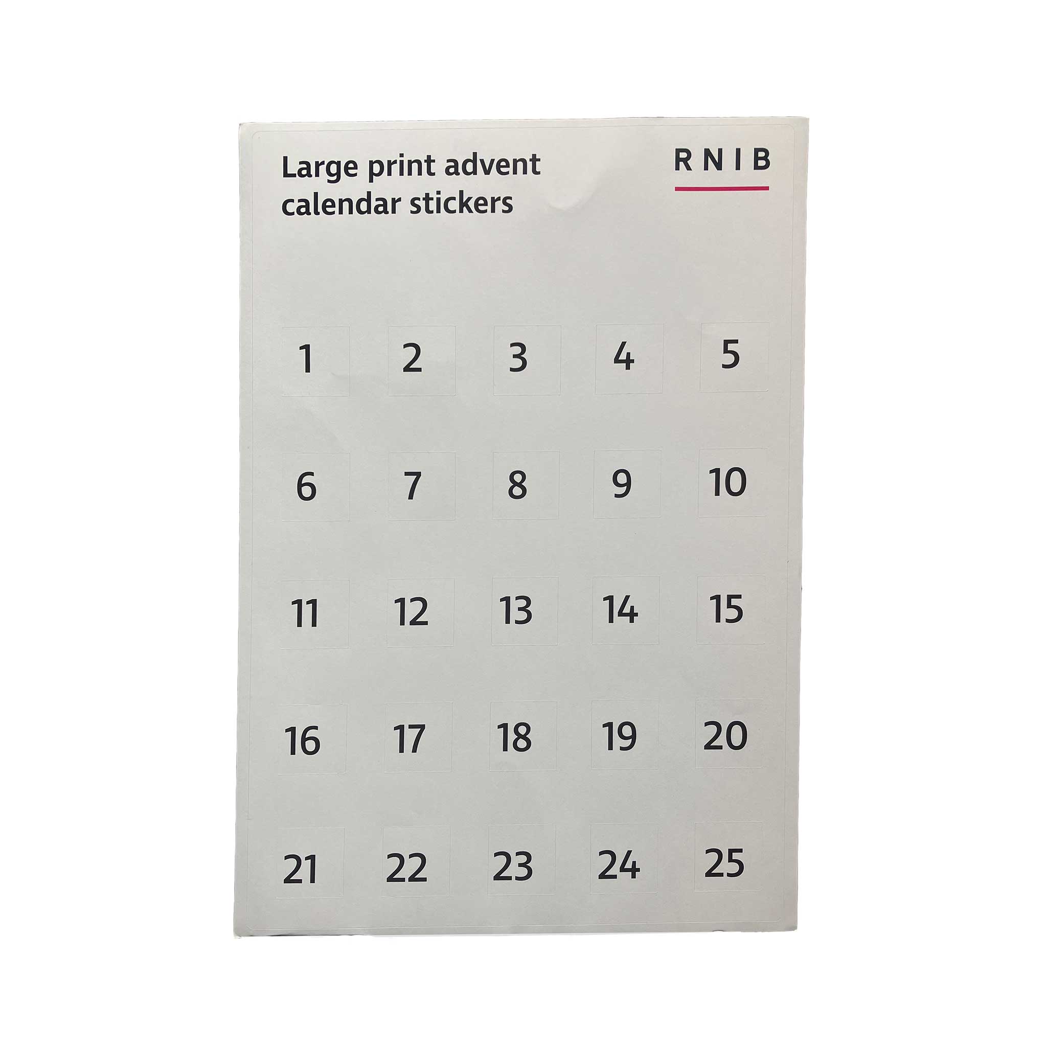 A sheet of large print Advent calendar stickers with numbers 1 through 25 and the text 'Large print advent calendar stickers' and 'RNIB' at the top, shown on a plain white background.