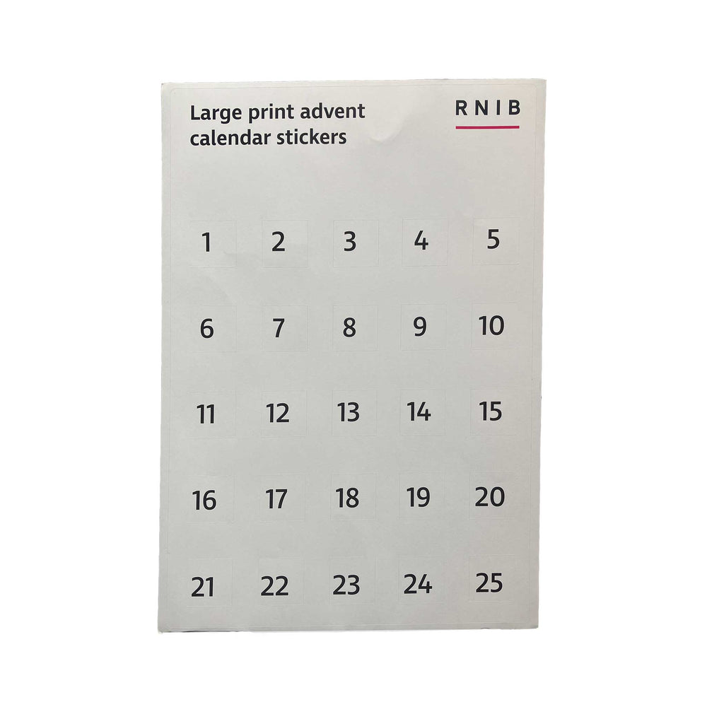A sheet of large print Advent calendar stickers with numbers 1 through 25 and the text 'Large print advent calendar stickers' and 'RNIB' at the top, shown on a plain white background.