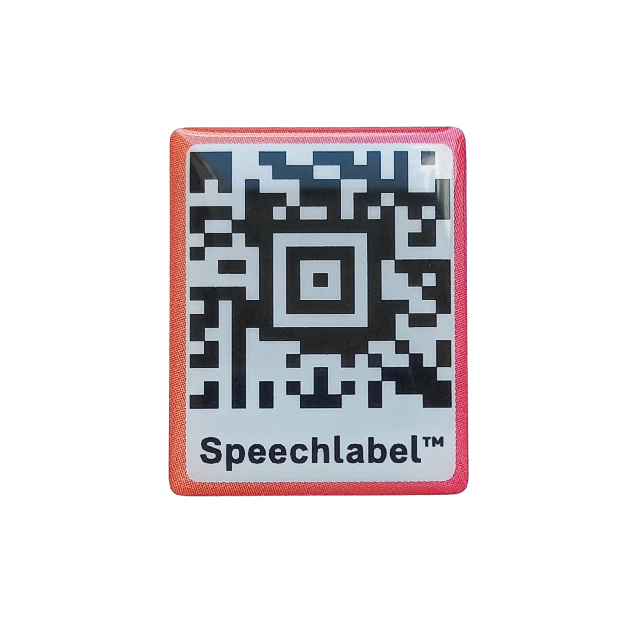 Rectangular device with QR code and 'Speechlabel' text on a white background