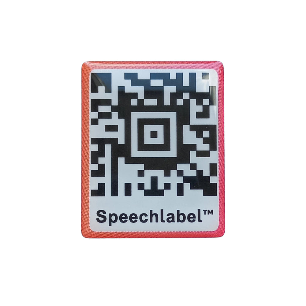 Rectangular device with QR code and 'Speechlabel' text on a white background