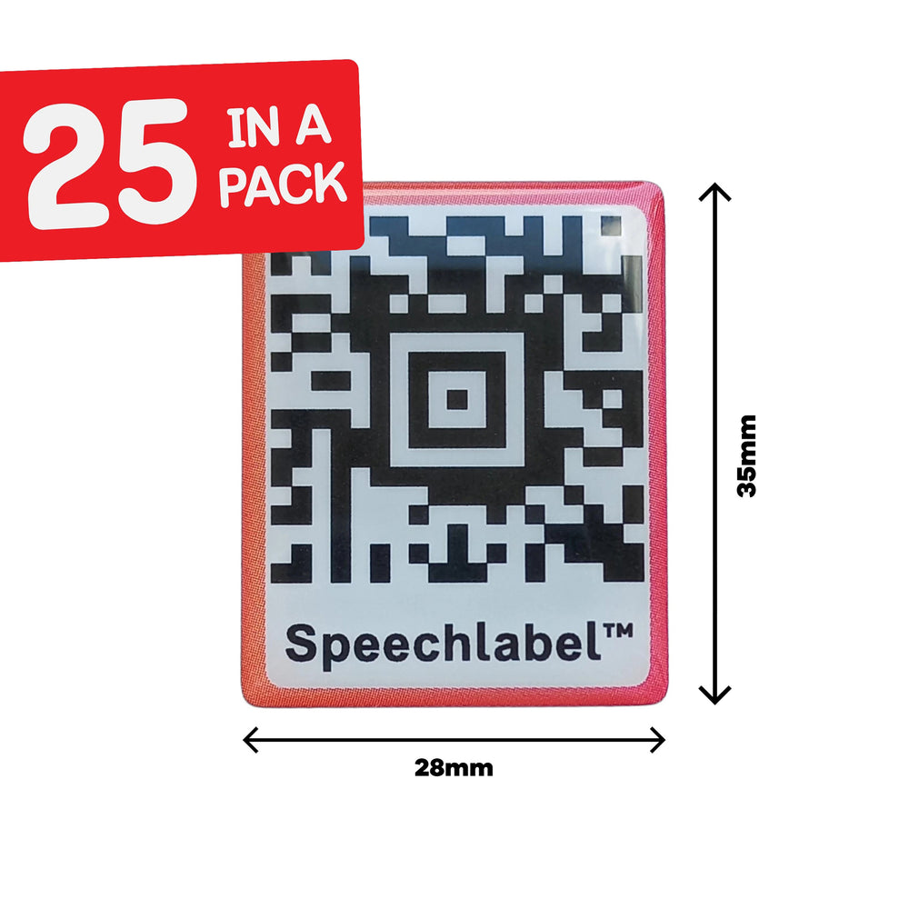 Speechlabel QR code label with dimensions (28mm by 35mm) and quantity (25) information on a white background