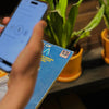 Person holding a book with a QR code and using a phone app on a table with plants in the background
