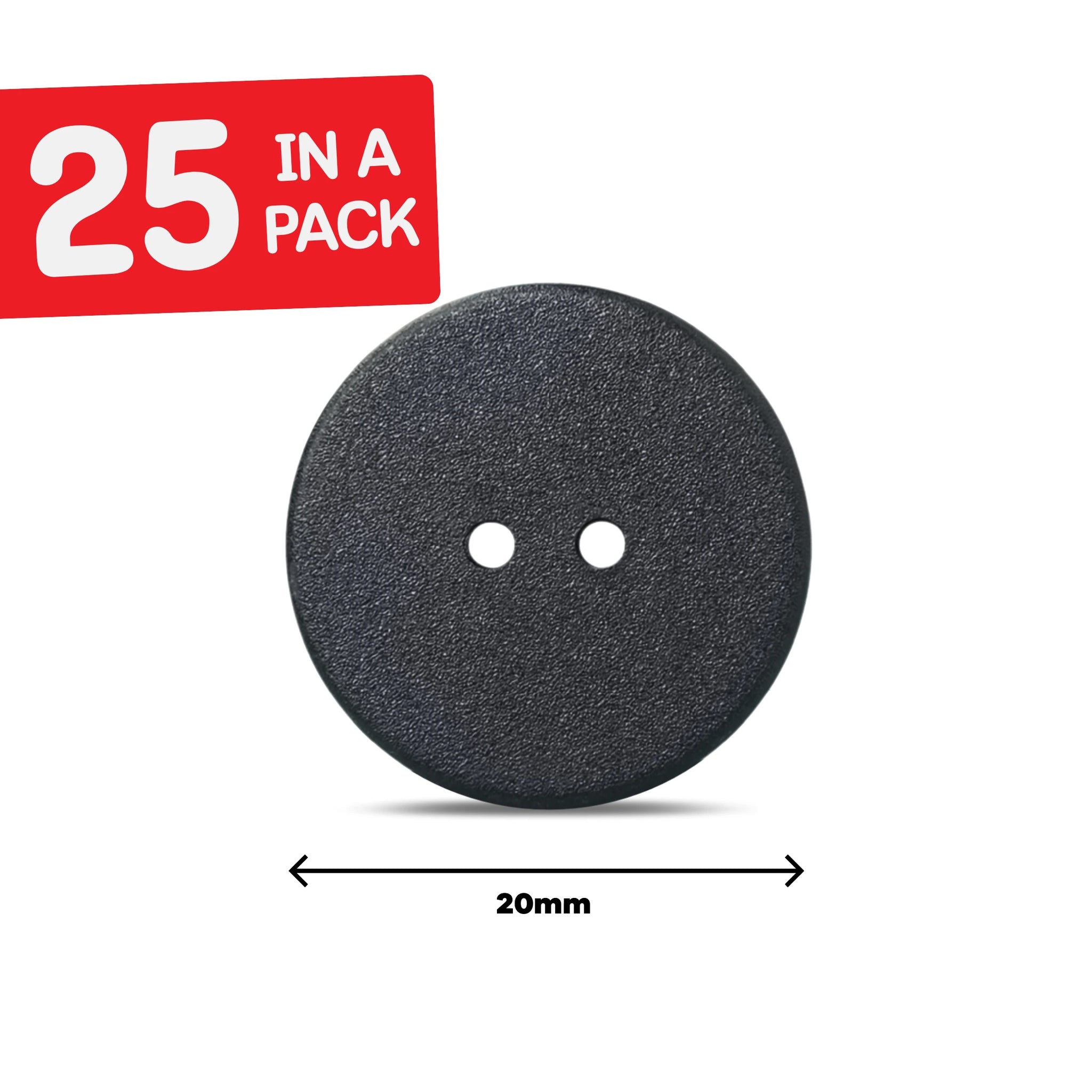 Black round laundry label labeled '25 in a pack' and size '20mm'.
