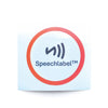 SpeechLabel logo on a light blue background with a red border