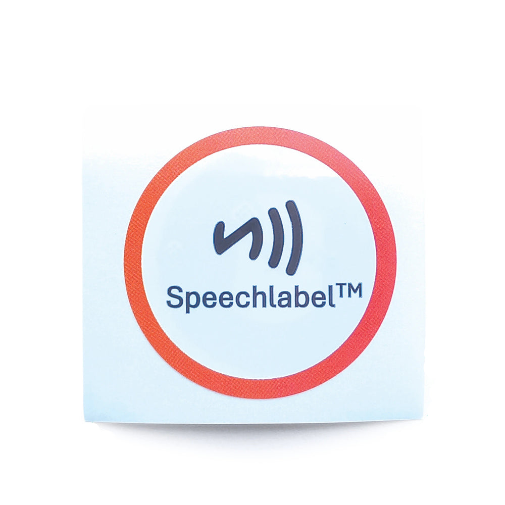 SpeechLabel logo on a light blue background with a red border