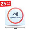 Packaging of SpeechLabel stickers with a red border, showing the brand name, pack size of 25 and size 30mm.