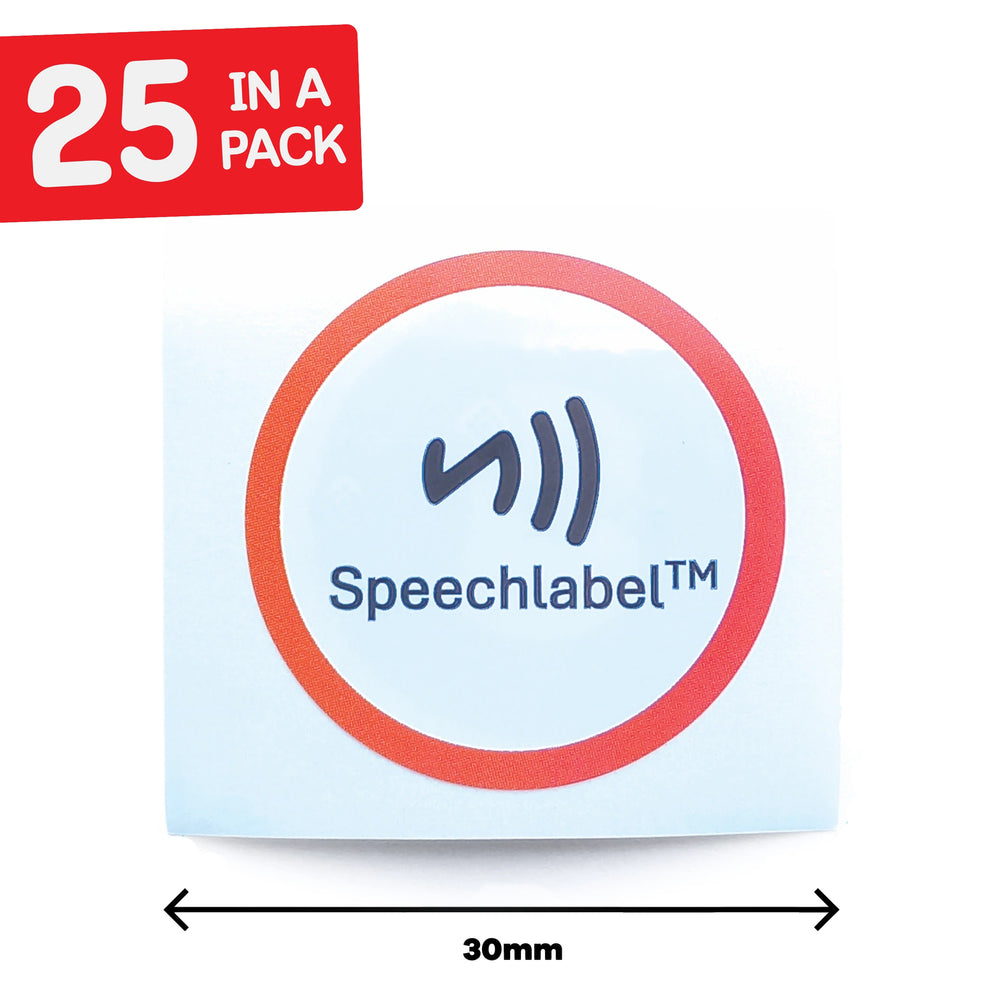 Packaging of SpeechLabel stickers with a red border, showing the brand name, pack size of 25 and size 30mm.