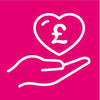 On a pink background, a white outline of a hand with the palm facing up with a white outline of a heart shape hovers above it, the heart contains a pound sign also in white.