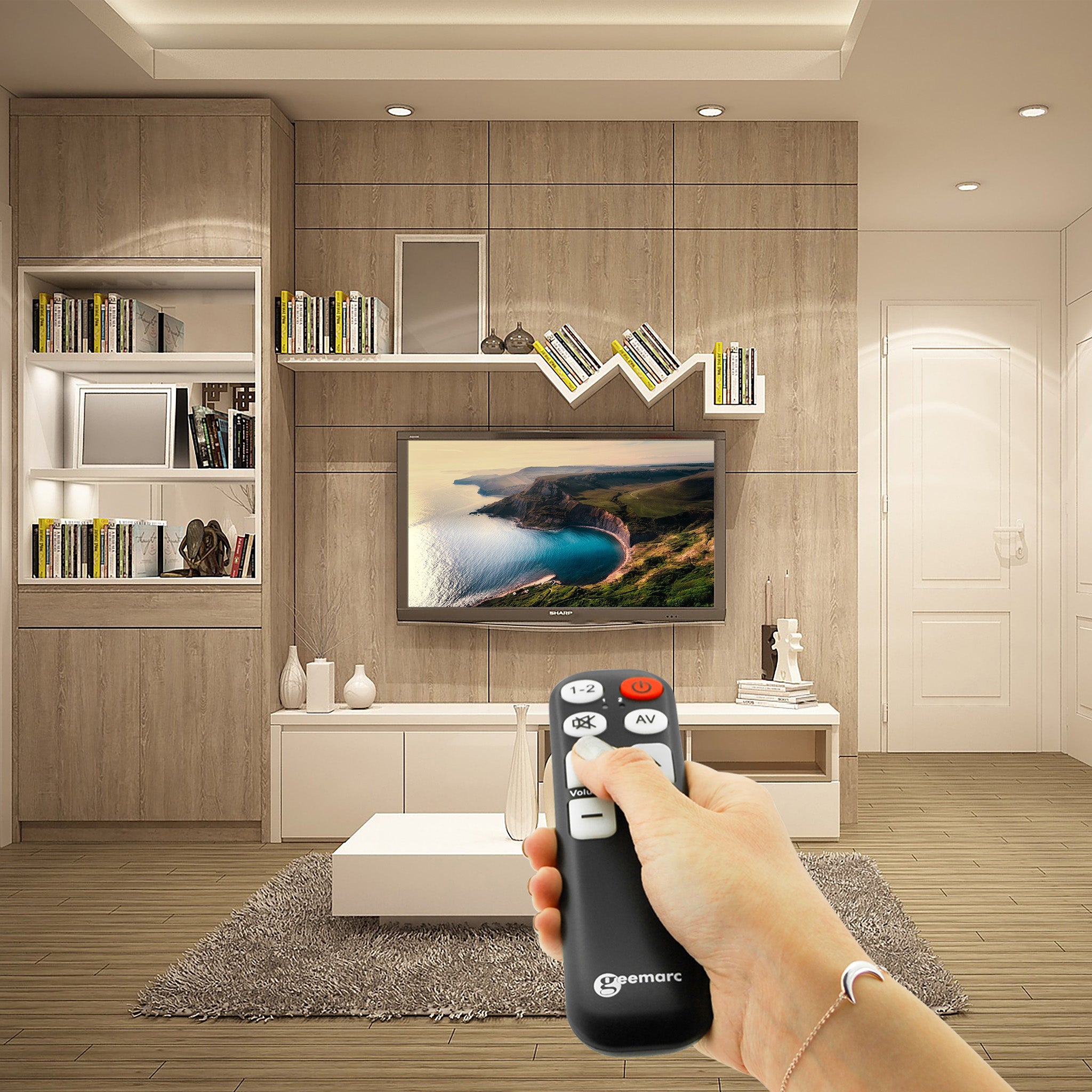 Someone using the remote control to change channel on their TV