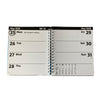 Open spiral-bound planner showing a weekly layout with dates and a calendar on a white background.