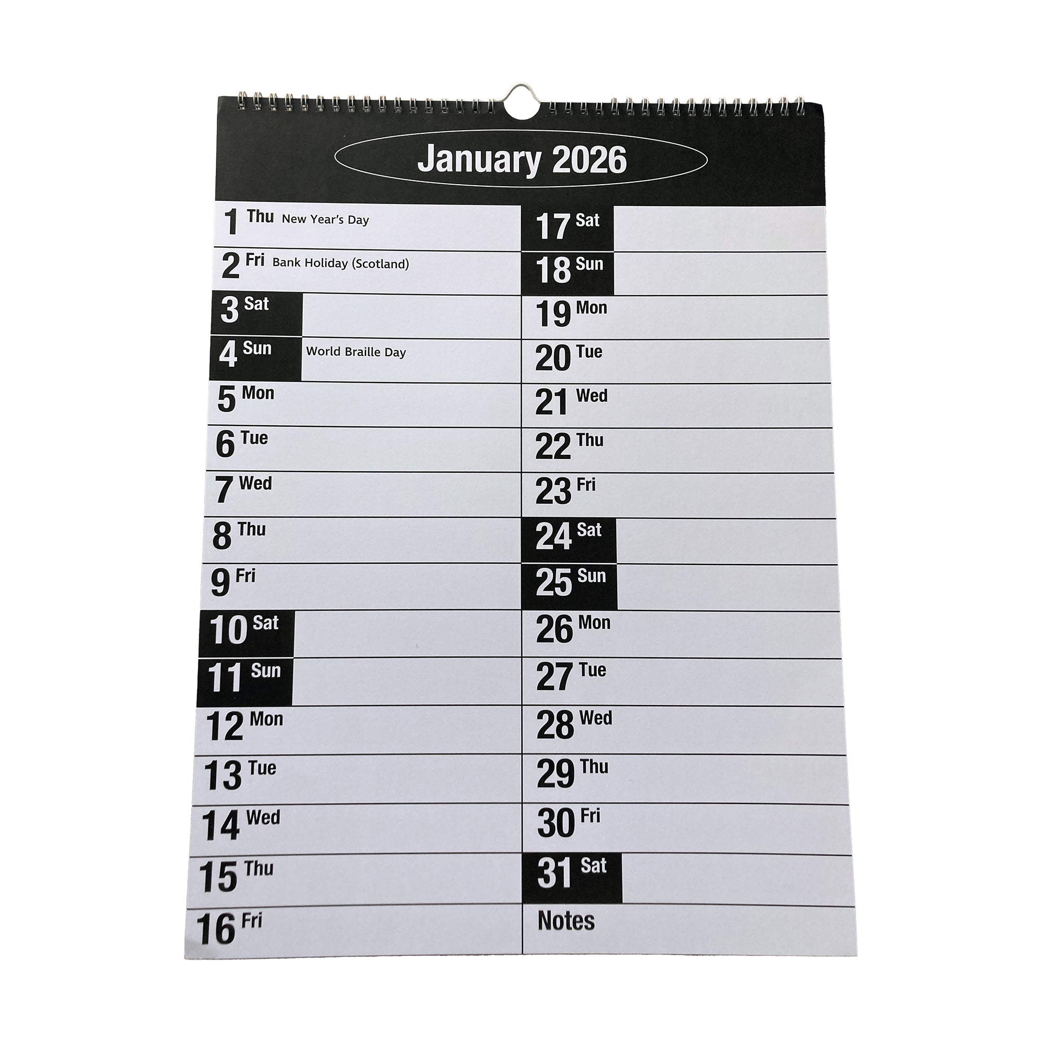 Calendar for January 2026 with black text on a white background