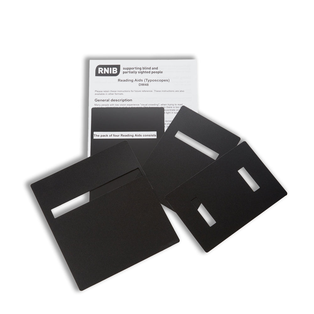 Four black reading guides and a sheet of printed A4