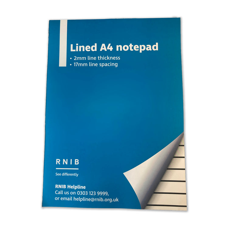 RNIB A4 white writing pad, lines 1.7cm apart