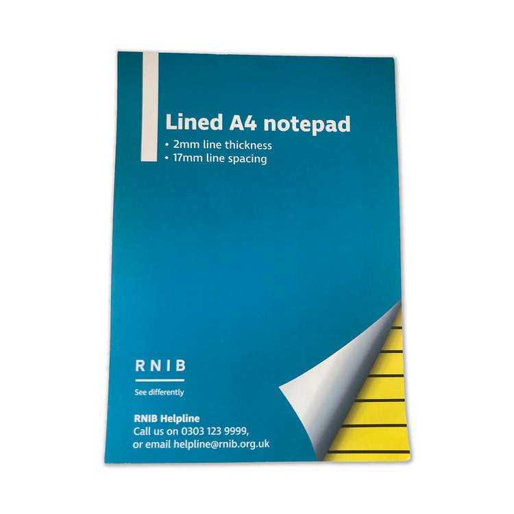 RNIB A4 yellow writing pad, lines 1.7cm apart