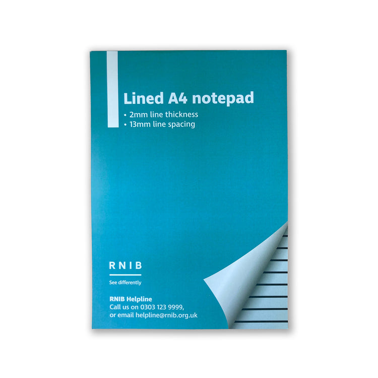 RNIB A4 blue writing pad, lines 1.3cm apart