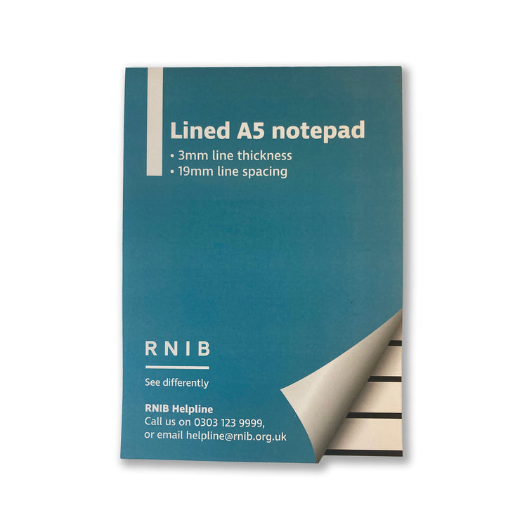 RNIB A5 white writing pad, lines 1.9cm apart