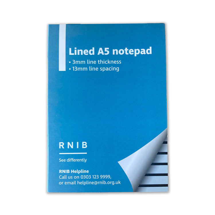 RNIB A5 blue writing pad, lines 1.3cm apart