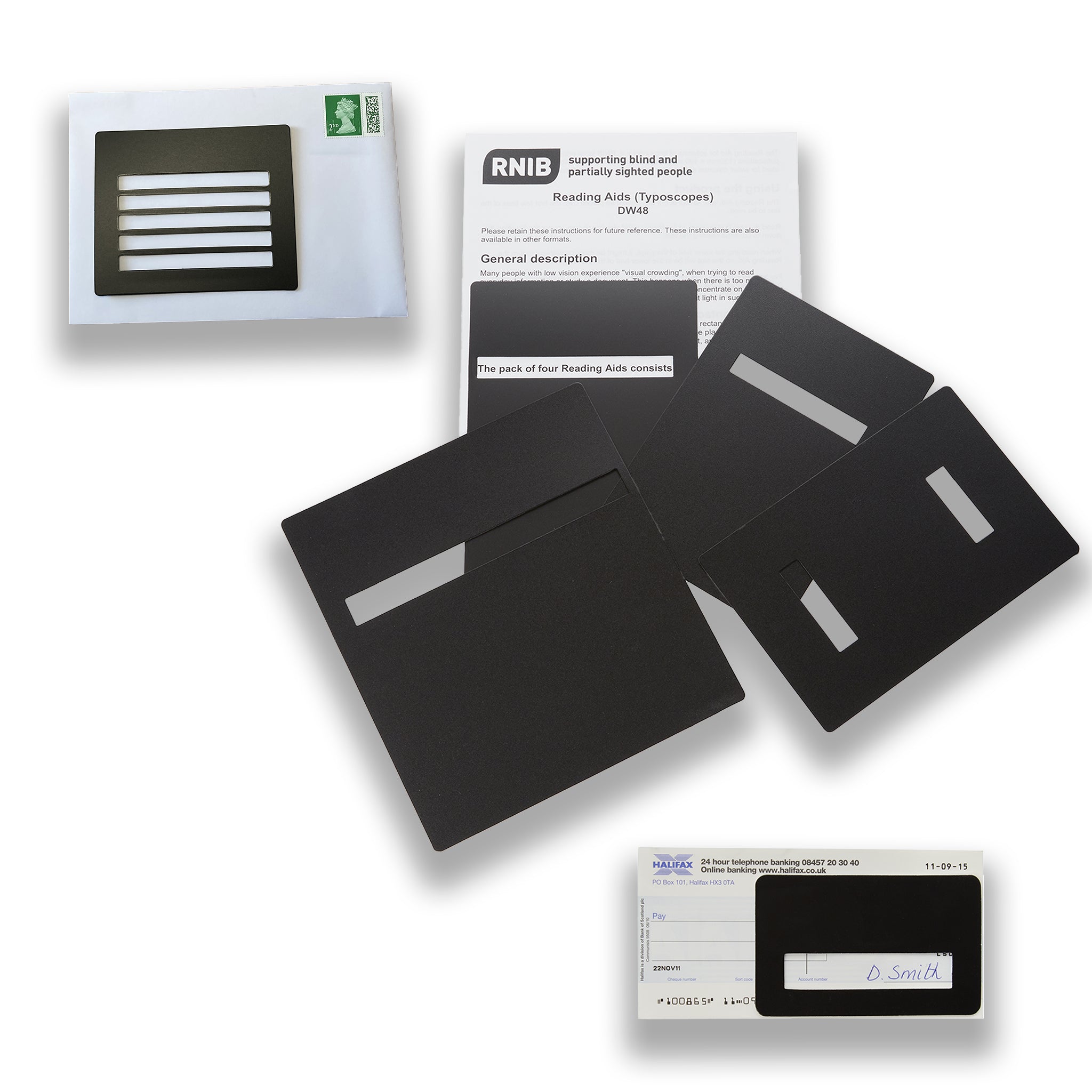 Set of black reading aids with packaging on a white background