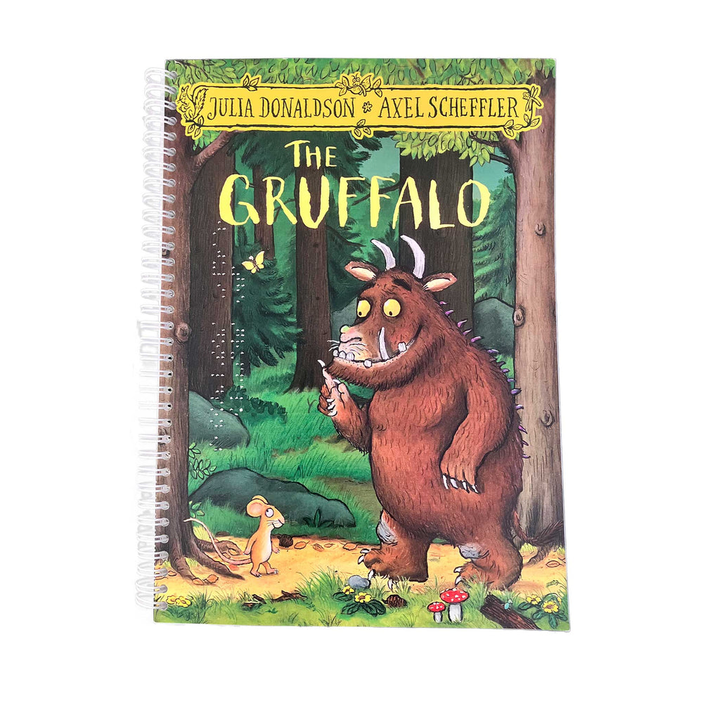 Brailled front cover of wirobound The Gruffalo