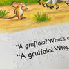 Page of The Gruffalo showing illustration of the mouse meeting the owl along with the print, all overlaid with a clear brailled sheet